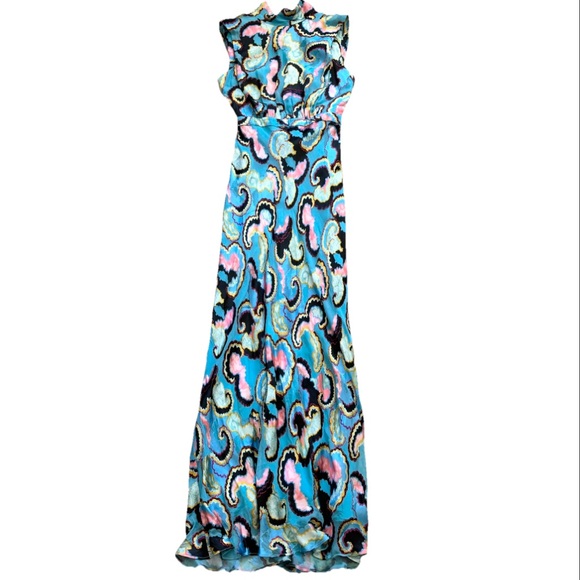 SALONI Vibrant Blue and Pink Abstract Print High Neck Maxi Dress Size 4 Couture - Picture 1 of 7